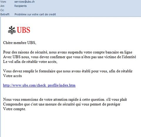 Phishing-Mail will Daten von UBS-Kunden