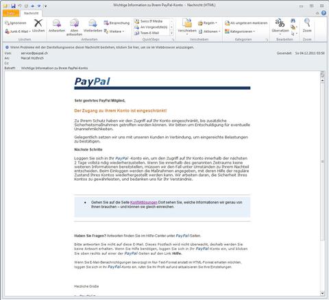 Paypal-Spam in der Schweiz unterwegs