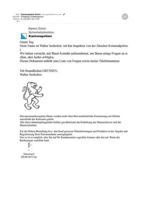 Phishing-Mails mit Absender Kantonspolizei Zürich im Umlauf