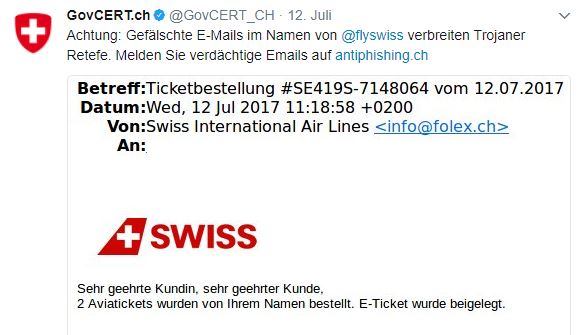 Gefälschte Mails mit Absender Swiss im Umlauf