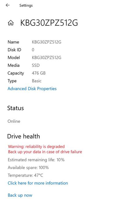 Windows 10 warnt vor SSD-Ausfall