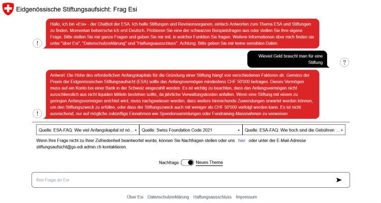 Eidgenössische Stiftungsaufsicht lanciert Chatbot auf ChatGPT-Basis