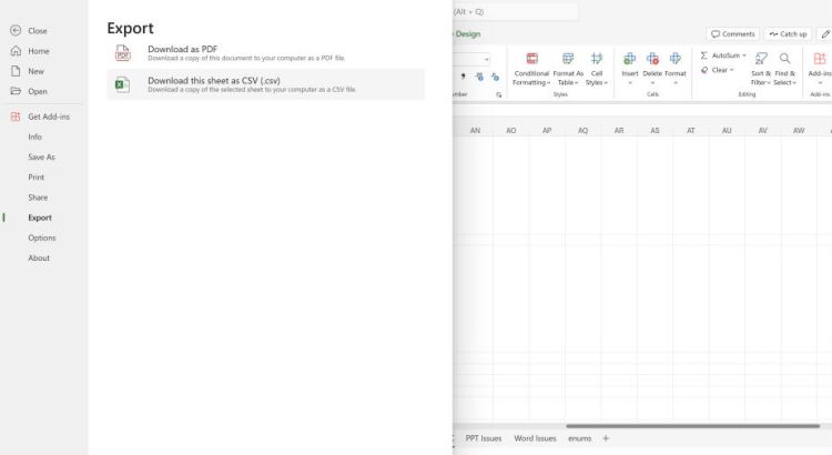 Excel for the Web bekommt CSV-Export