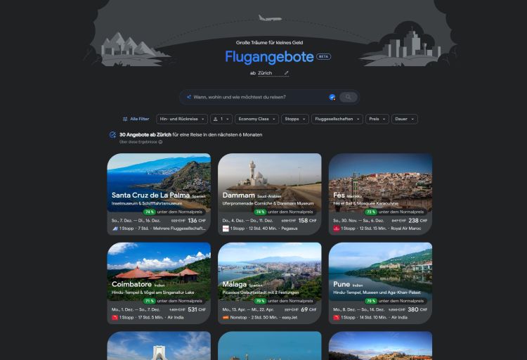 Google rollt KI-Flugsuche Flight Deals weltweit aus