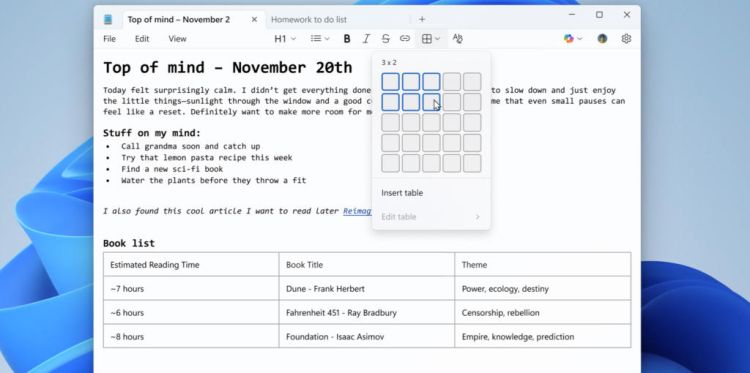 Notepad bekommt Tabellen-Funktion