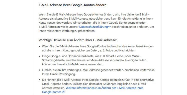 Gmail ermöglich das Ändern der Mailadresse