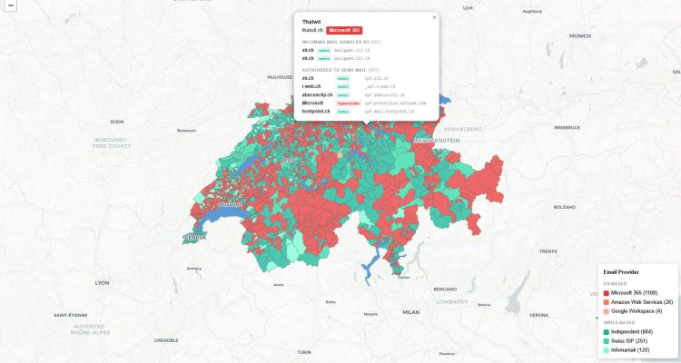 Interaktive Karte zeigt Mail-Provider der Schweizer Gemeinden