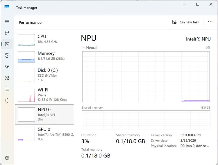 Task Manager zeigt Auslastung der KI-Hardware