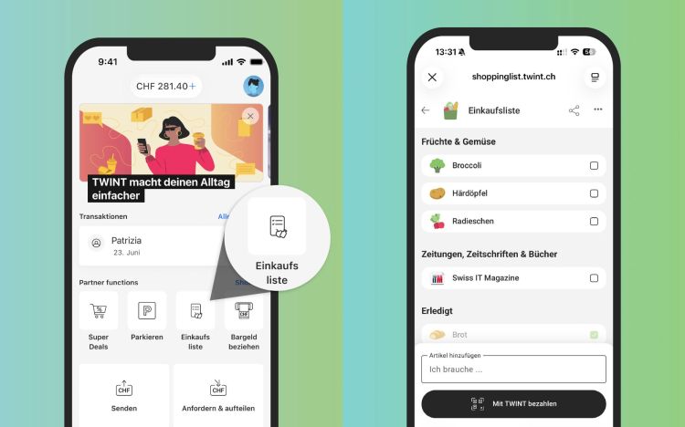 Twint integriert Einkaufslisten in die App