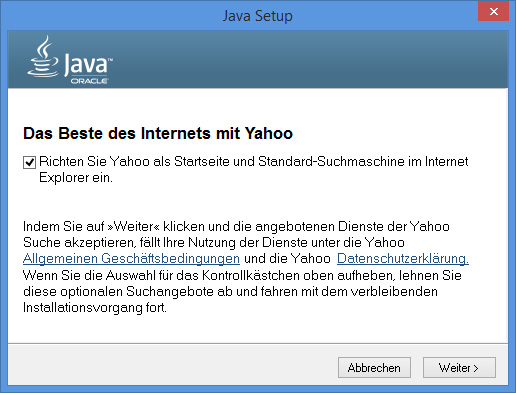 Java-Installer will neu Yahoo als Suchanbieter konfigurieren
