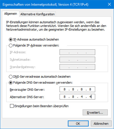 DNS-Einstellungen stören Windows-Update
