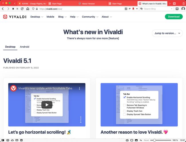Vivaldi 5.1 mit horizontal scrollbaren Tabs