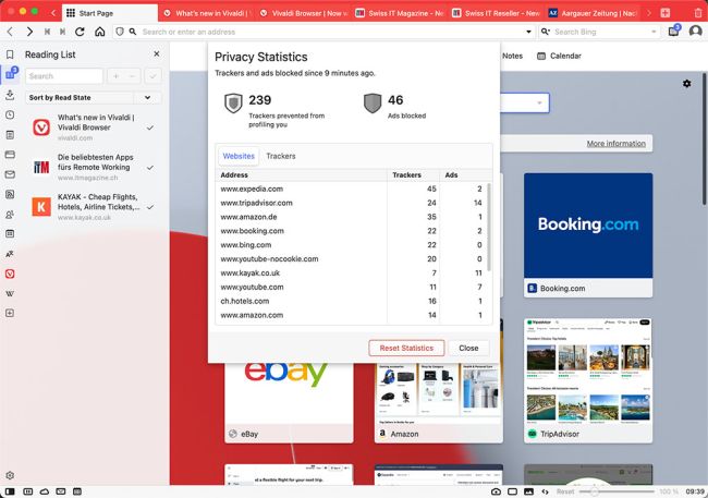 Vivaldi 5.2 mit Reading List Panel und Privacy-Statistik